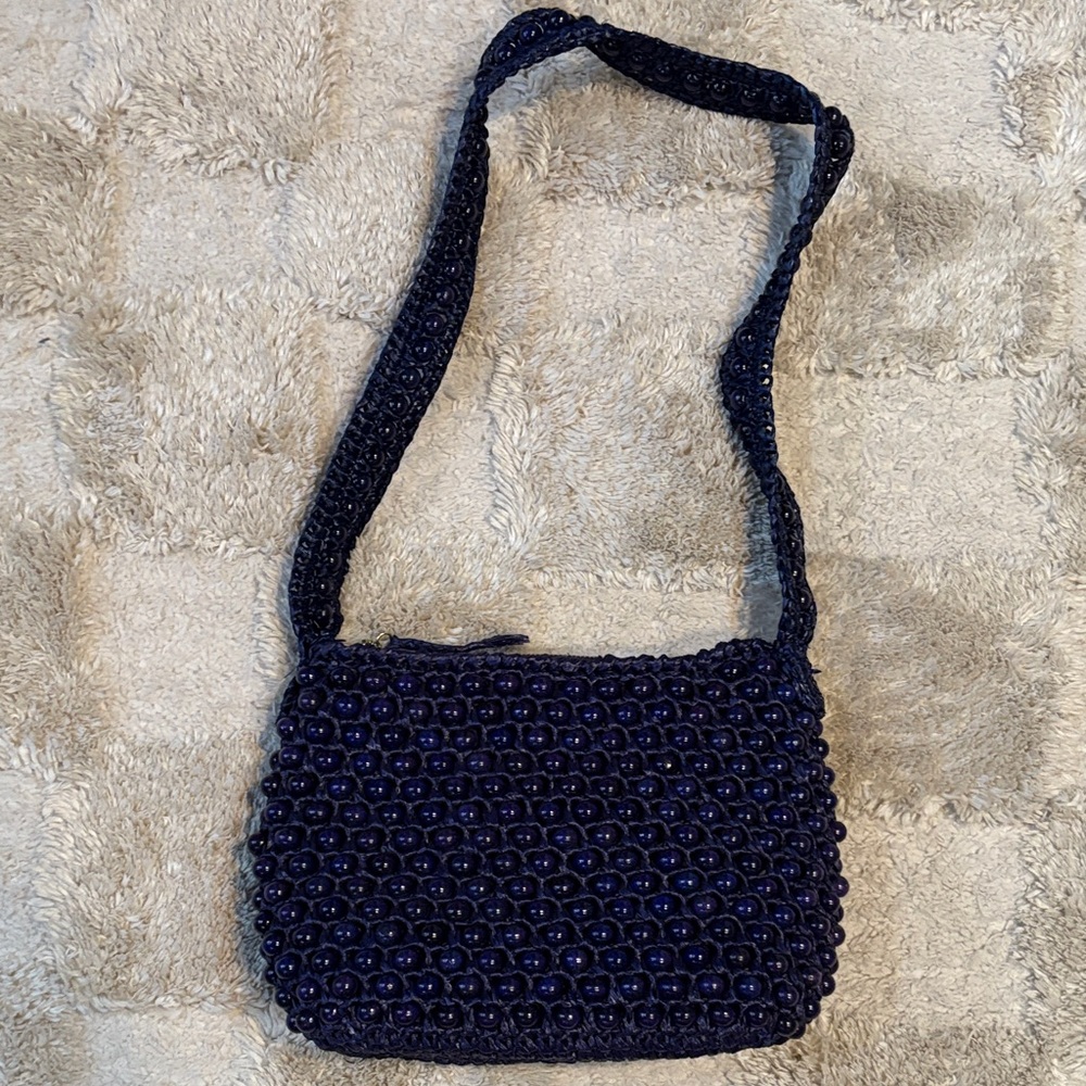Vintage Navy Beaded Shoulder Bag